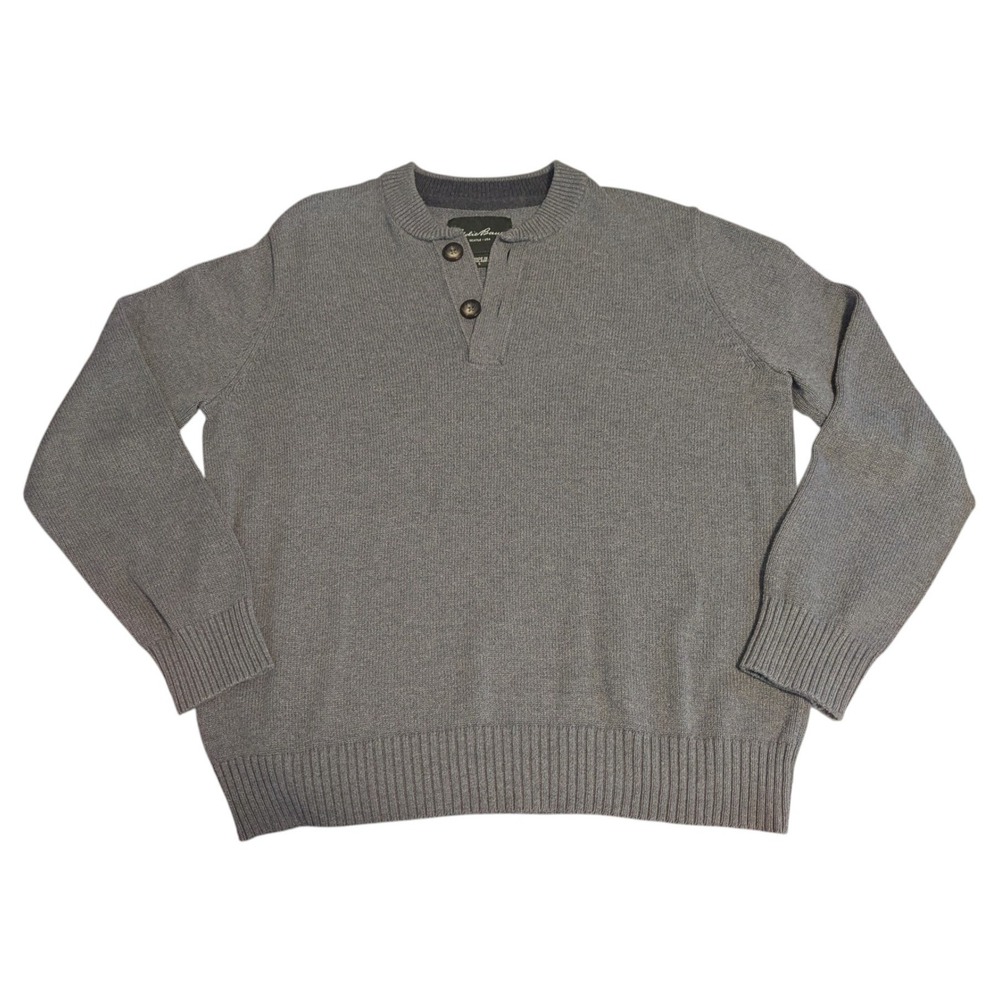 Vintage Eddie Bauer Mens Gray Combed‎ Cotton Henley Sweater 14203151 Hol 12 L